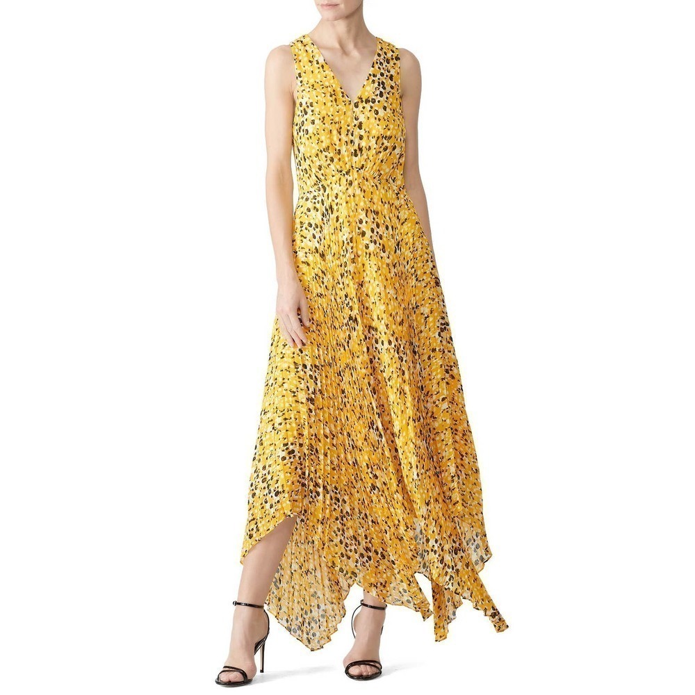 Derek Lam 10 Crosby Yellow Pleated Animal Print Sleeveless V-Neck Maxi Dress 4